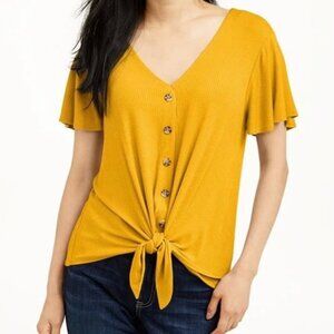 Pink Rose Mustard Yellow Waffle Knit Short Sleeve Button Down Tie Top Size M